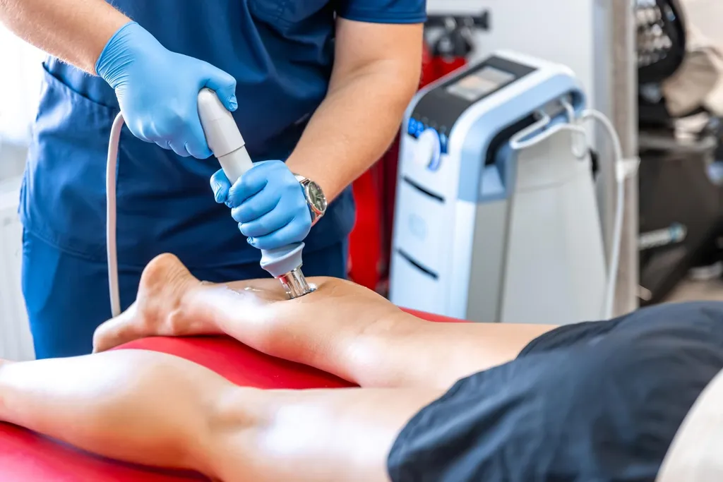 Shockwave therapy handpiece applied to a patient's lateral elbow